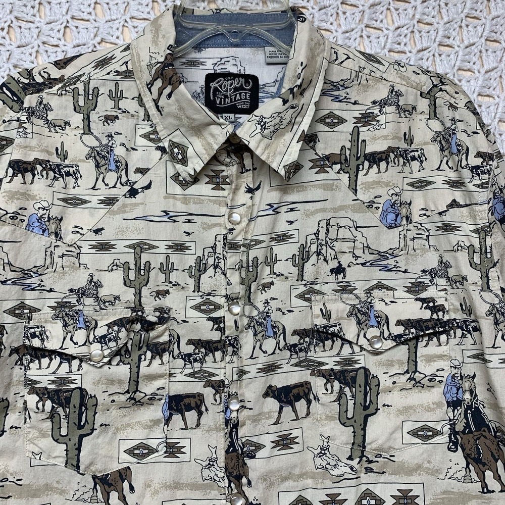 Vintage‎ Roper Wéstern Shirt Men's XL Beige Wéstern Animal Print Pearly Snap